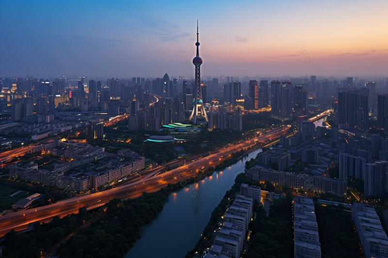 傍晚河流穿过都市航拍城市美景,高清,摄影图,摄影图片,图片大全,摄影图免费下载
